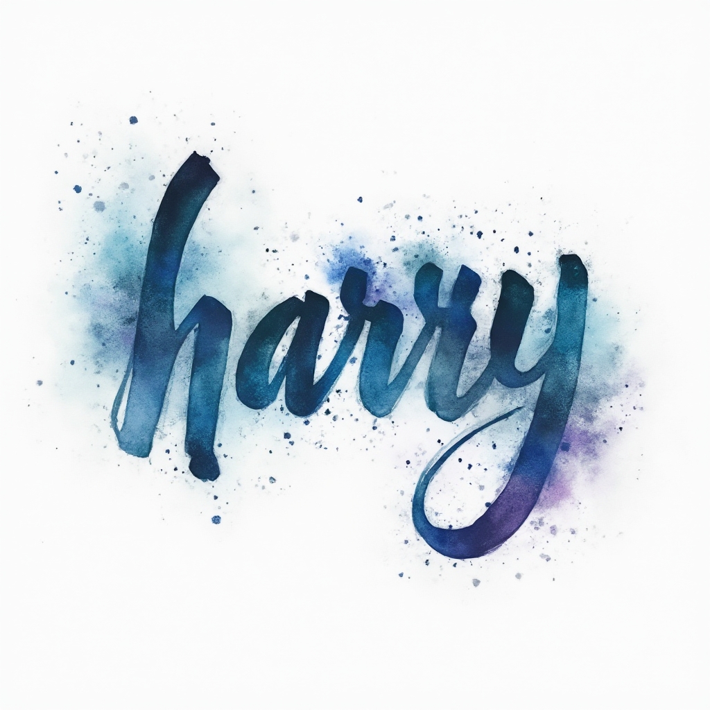 Watercolor tattoo concept of the name harry with flowing blue and violet brushy letters on white background