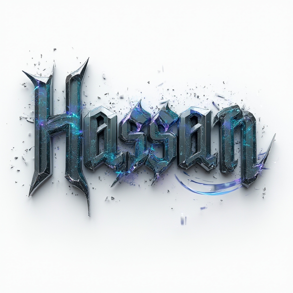 Futuristic dimensional tattoo concept with the name hassan in interlocking metallic glass letters on a white background