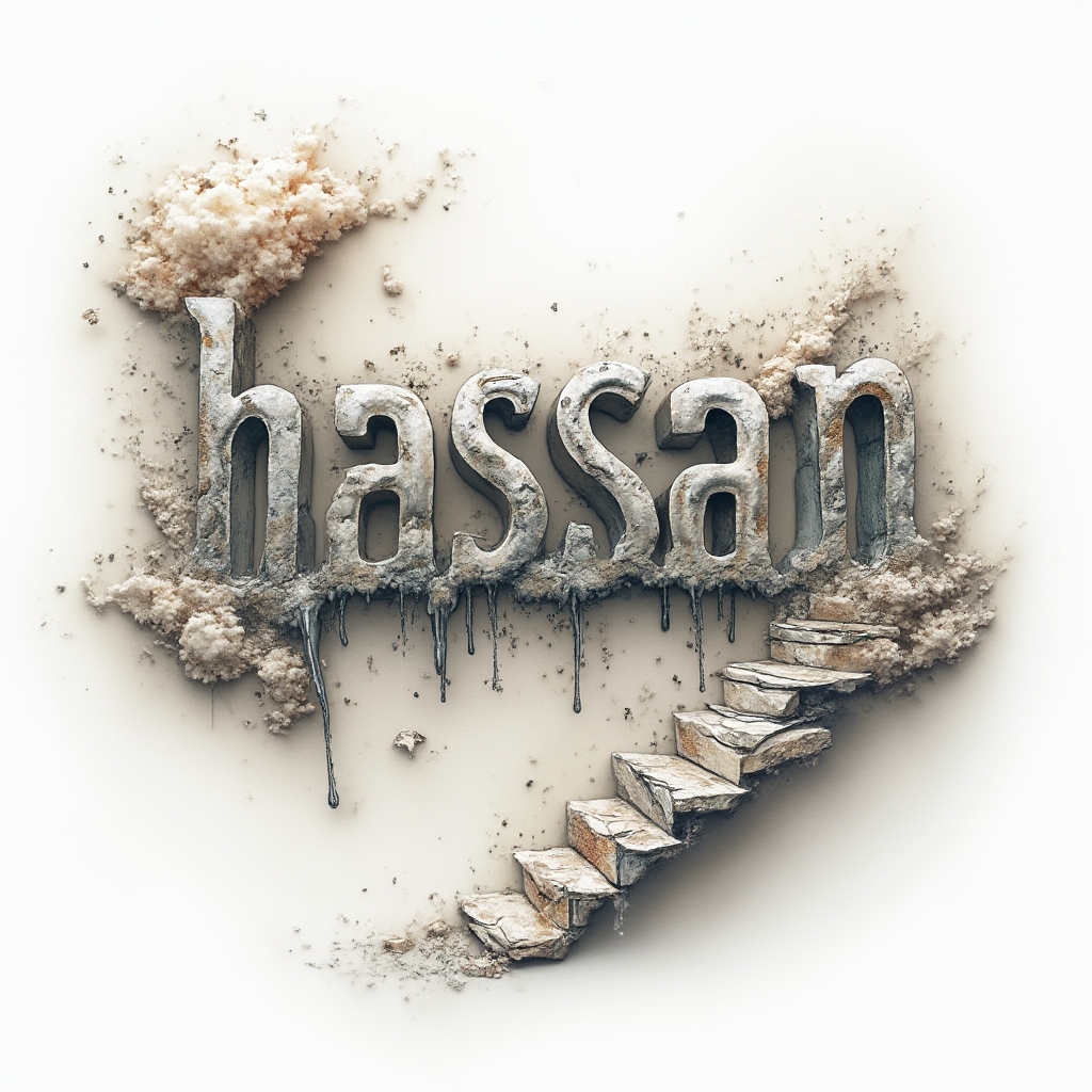 Surreal tattoo concept with the name hassan transformed into dreamlike architectural letters on a white background