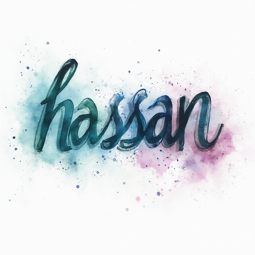Watercolor tattoo concept with the name hassan painted in flowing colorful ink on a white background