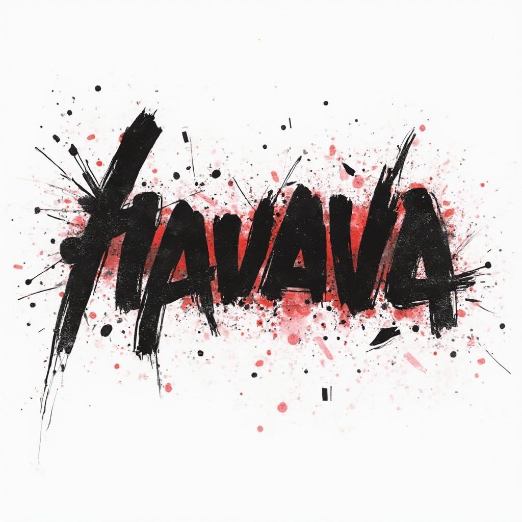 Trash Polka tattoo concept with the name havva in bold black brush lettering, red splashes, and grunge textures on a white background