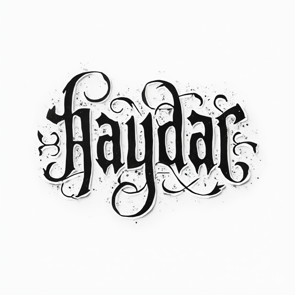 Ornamental dimensional glyph tattoo concept of the name haydar in intricate black linework on white background.
