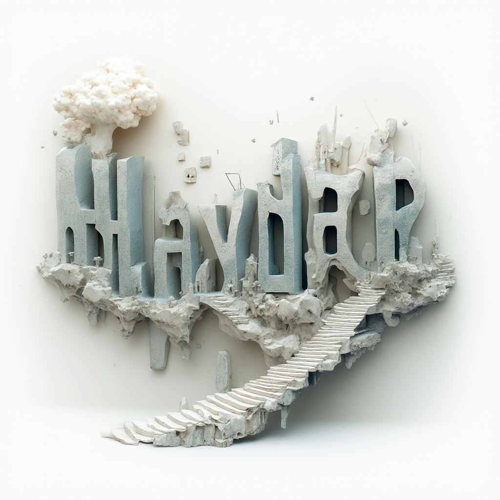 Surrealist tattoo concept where the name haydar becomes melting architectural letterforms floating on a white background.