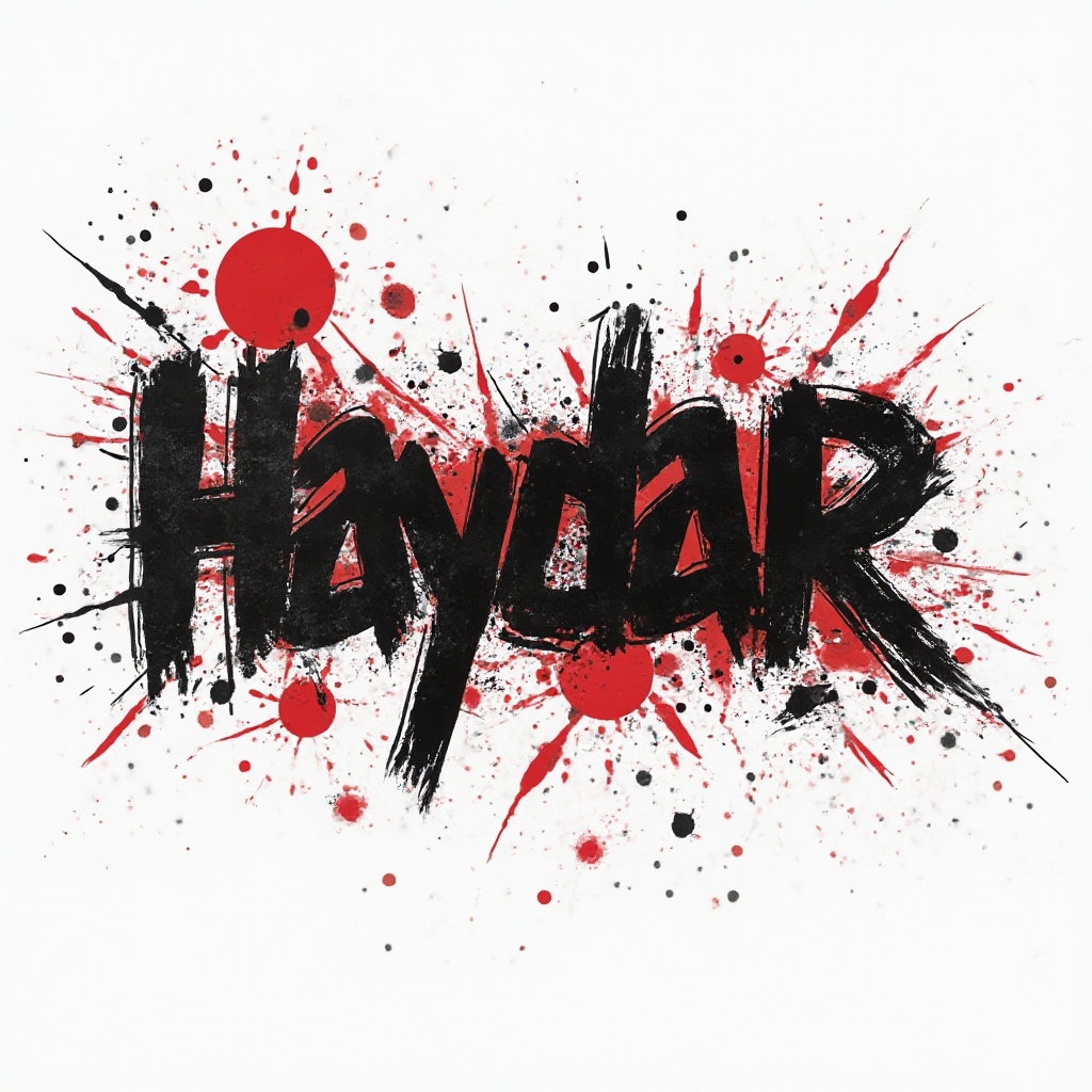 Trash Polka tattoo concept of the name haydar with bold black lettering, red splashes, and grunge textures on white.