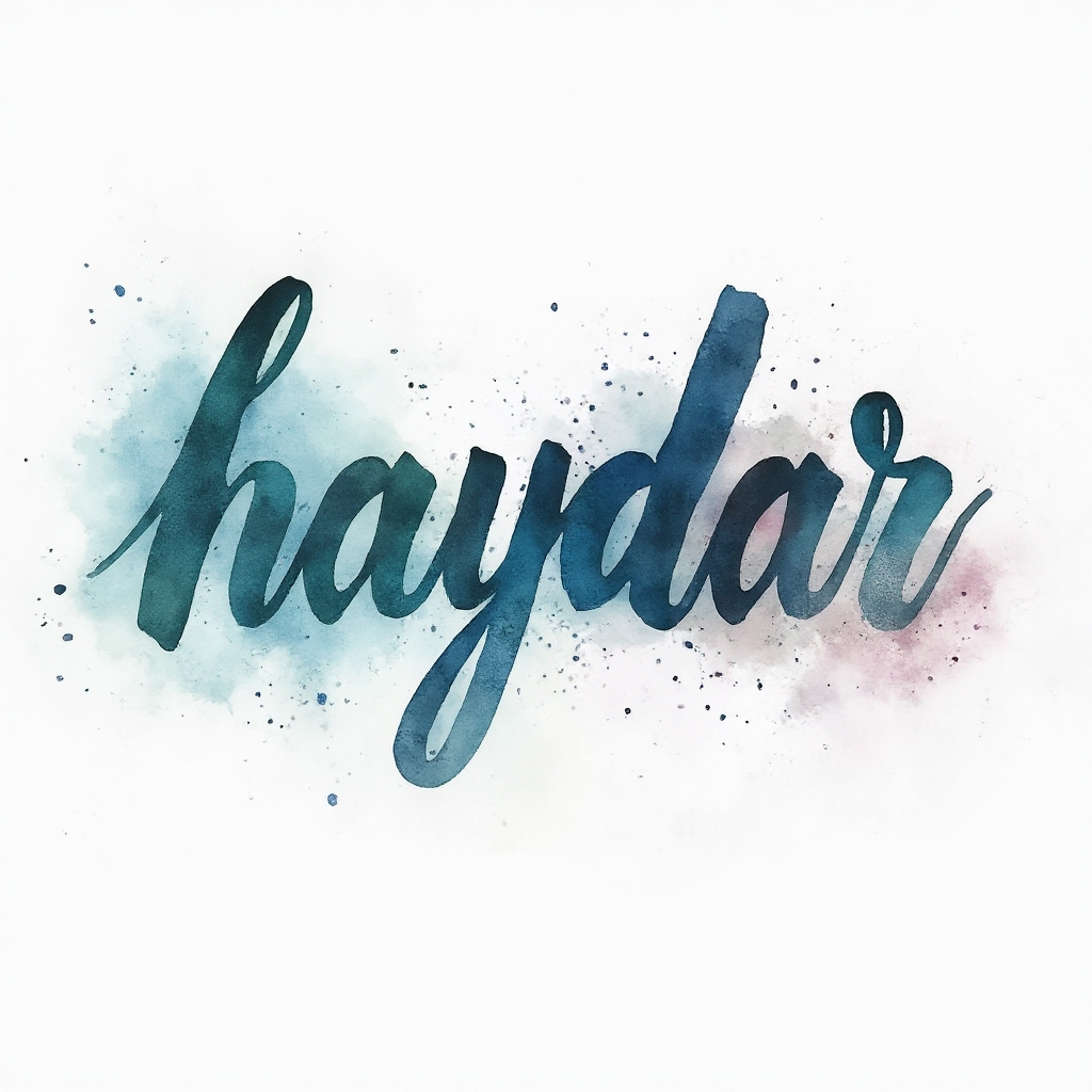 Watercolor tattoo concept of the name haydar in flowing ink with teal, blue, and magenta splashes on white background.