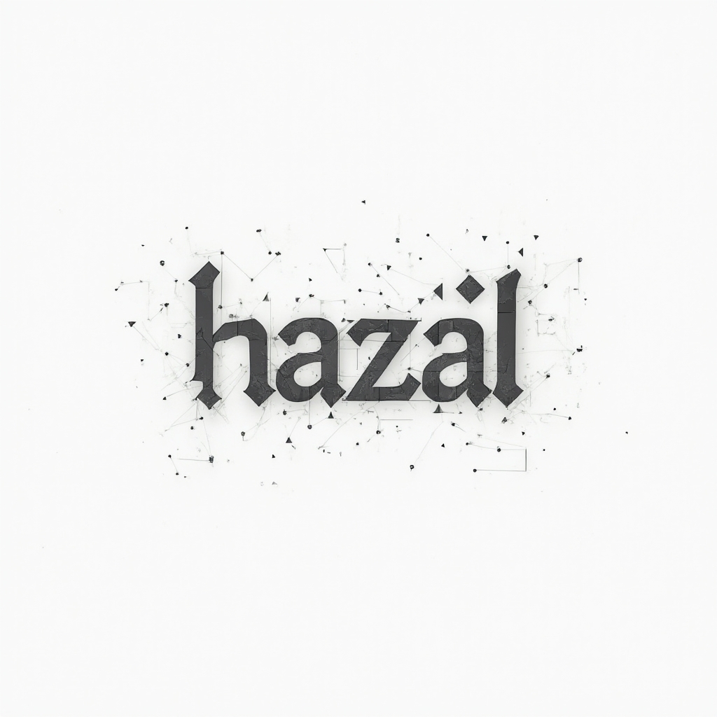 Abstract geometric tattoo concept where the name hazal is built from interlocking shapes and fine lines on a white background.