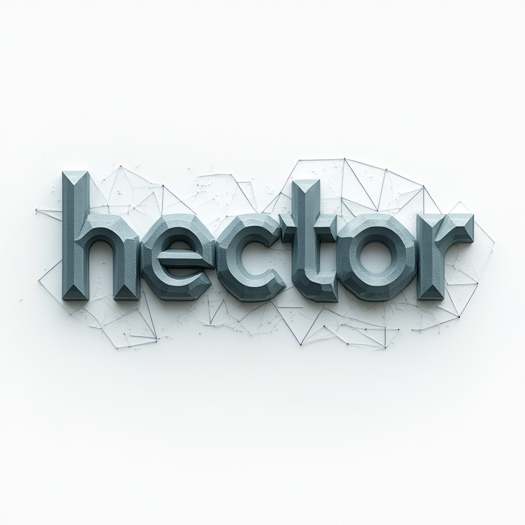 Geometric tattoo design where the name hector is formed from faceted crystal-like letters with fine line patterns on white.