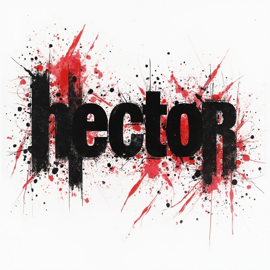 Trash Polka tattoo design where the name hector is built from distressed black letters with red splashes on a white background.