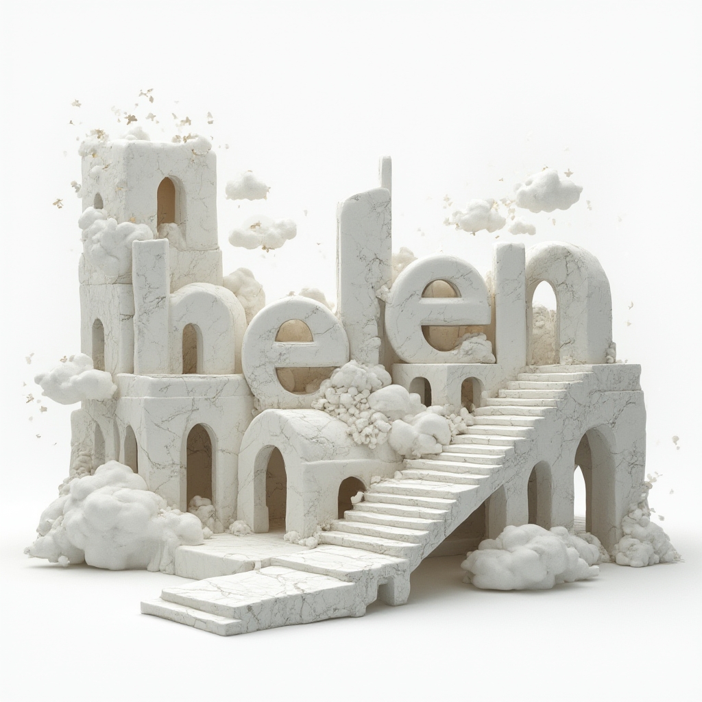 surreal tattoo design where the name helen is built from impossible architecture and dreamlike forms on white background