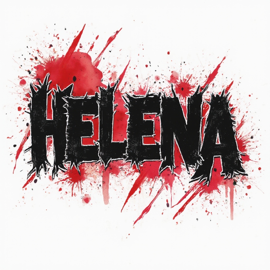 Trash Polka tattoo design where the name helena appears in bold distressed black lettering with red splashes on a white background