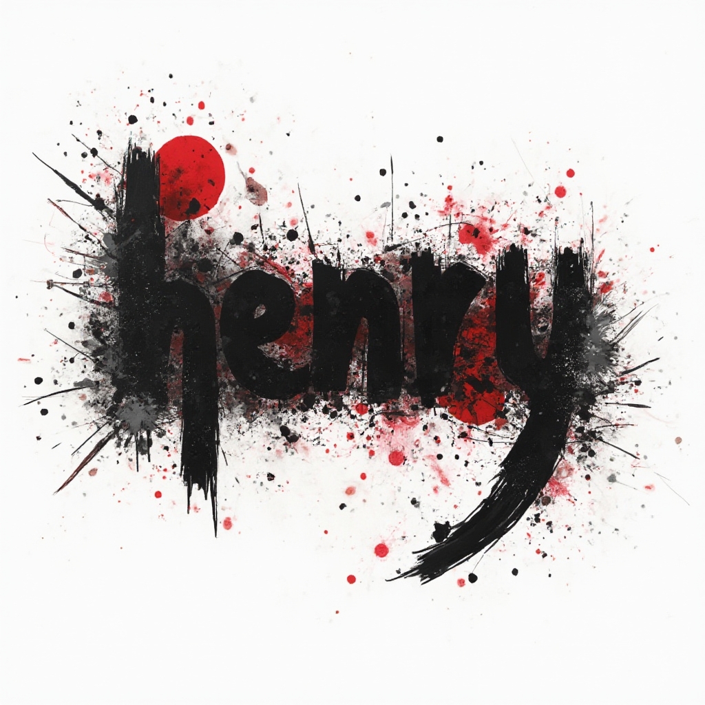 Trash Polka-inspired bold black and red abstract lettering of the name henry on a white background