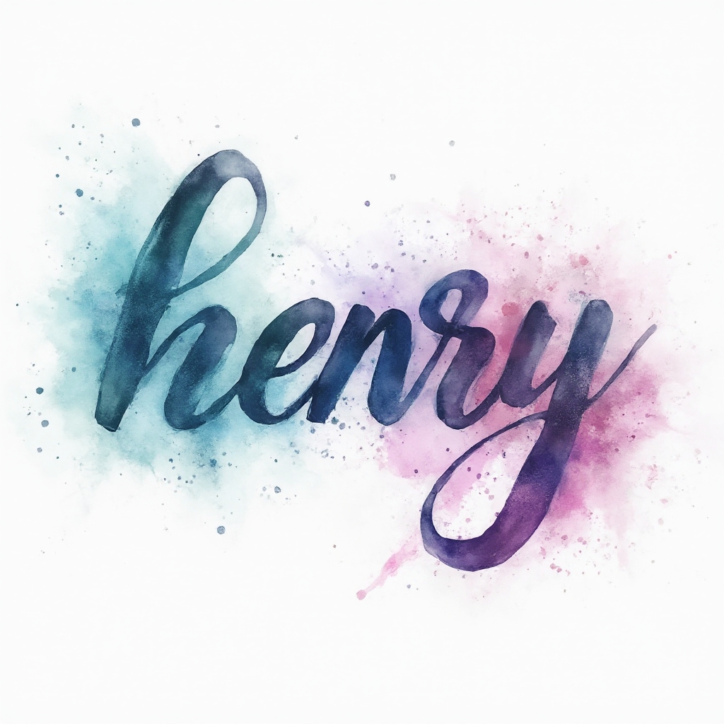 Watercolor-style artistic lettering of the name henry with colorful ink splashes on a white background
