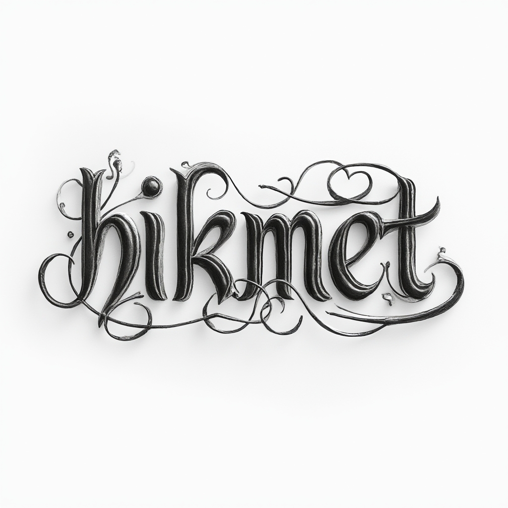 Elegant ornamental tattoo concept of the name hikmet formed from flowing, sculpted letter lines on a white background.
