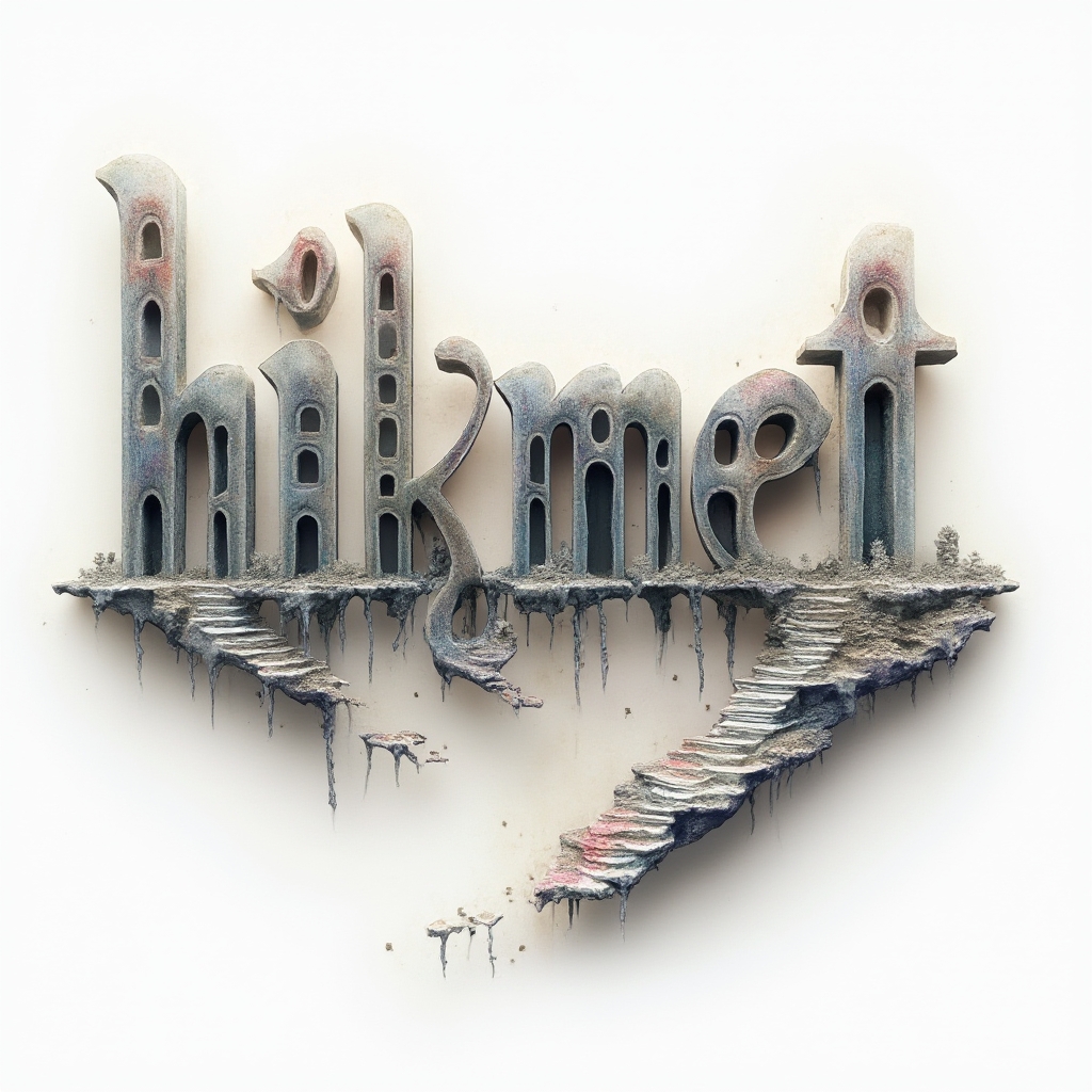 Surrealist tattoo design of the name hikmet formed from impossible architectural letterforms on a white background.