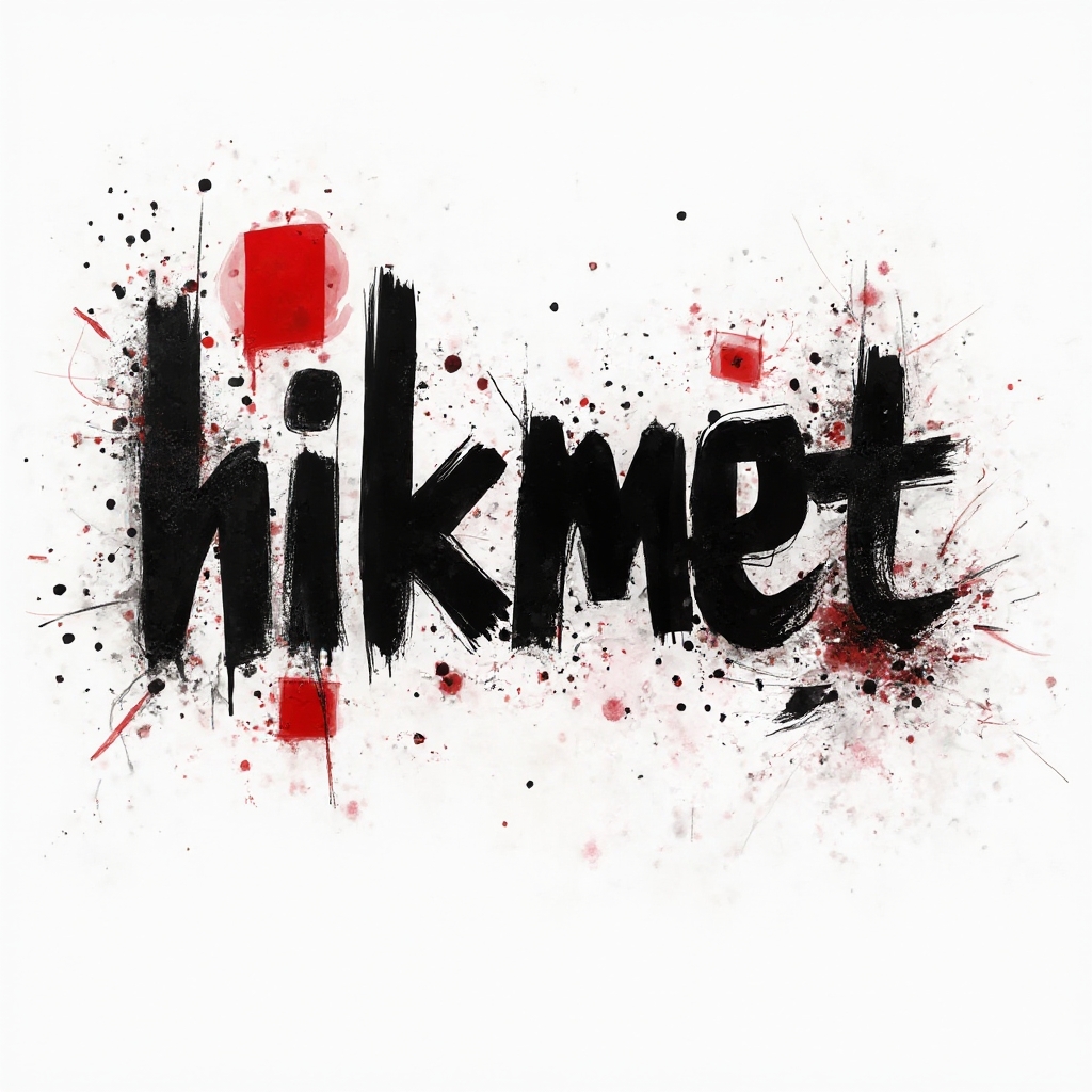 Trash Polka tattoo concept of the name hikmet in bold black brush lettering with red geometric accents on white.