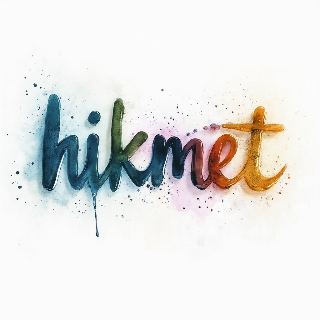 Watercolor tattoo concept of the name hikmet formed from colorful flowing paint on a white background.