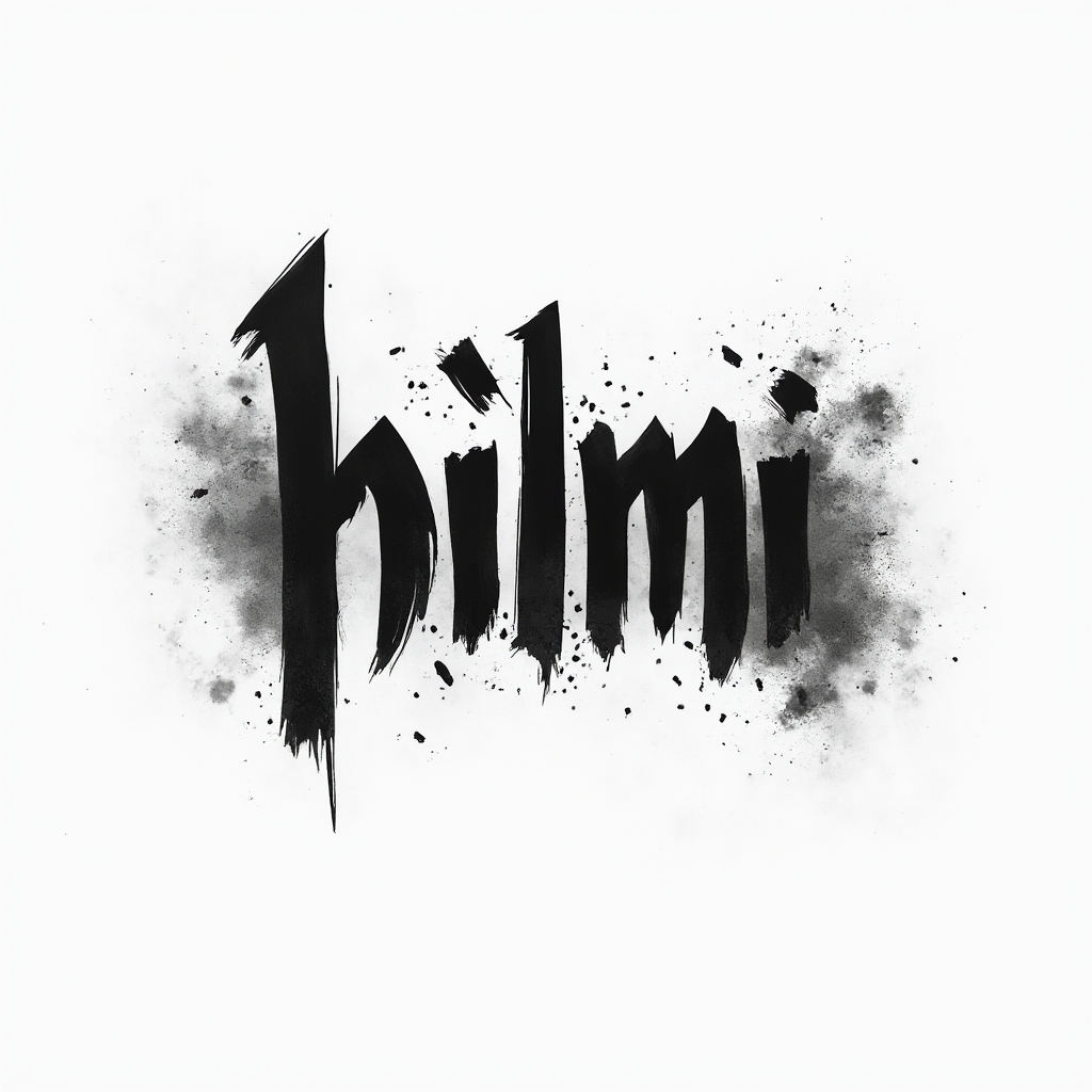 Monochrome abstract glyph-style tattoo concept of the name hilmi in bold brushlike strokes on white.