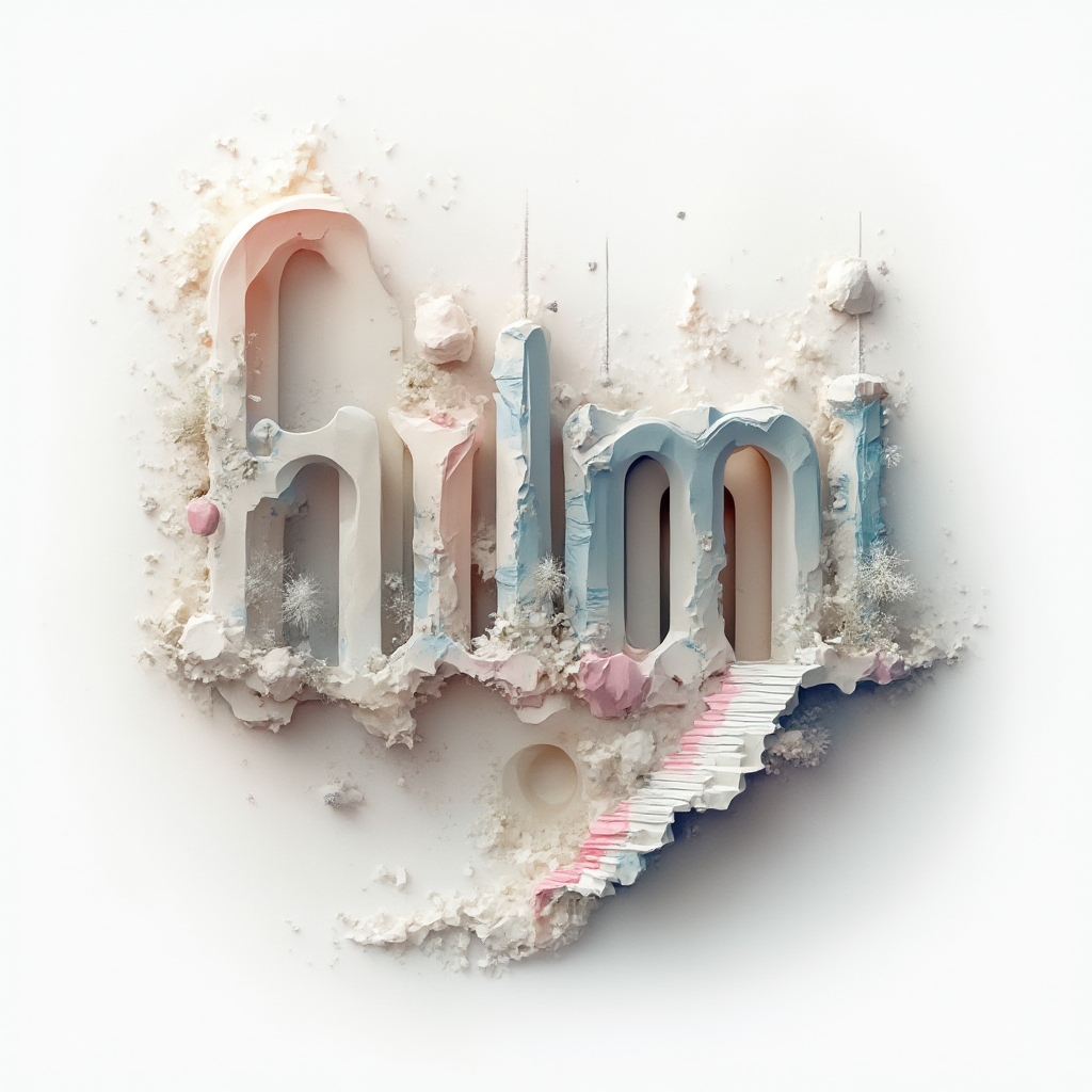 Surreal dreamscape tattoo concept of the name hilmi where letters transform into impossible shapes on a white background.
