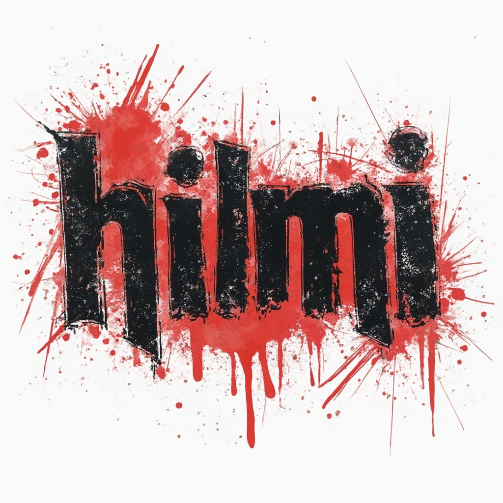 Trash Polka-inspired tattoo concept of the name hilmi in bold black and red distressed lettering on white.