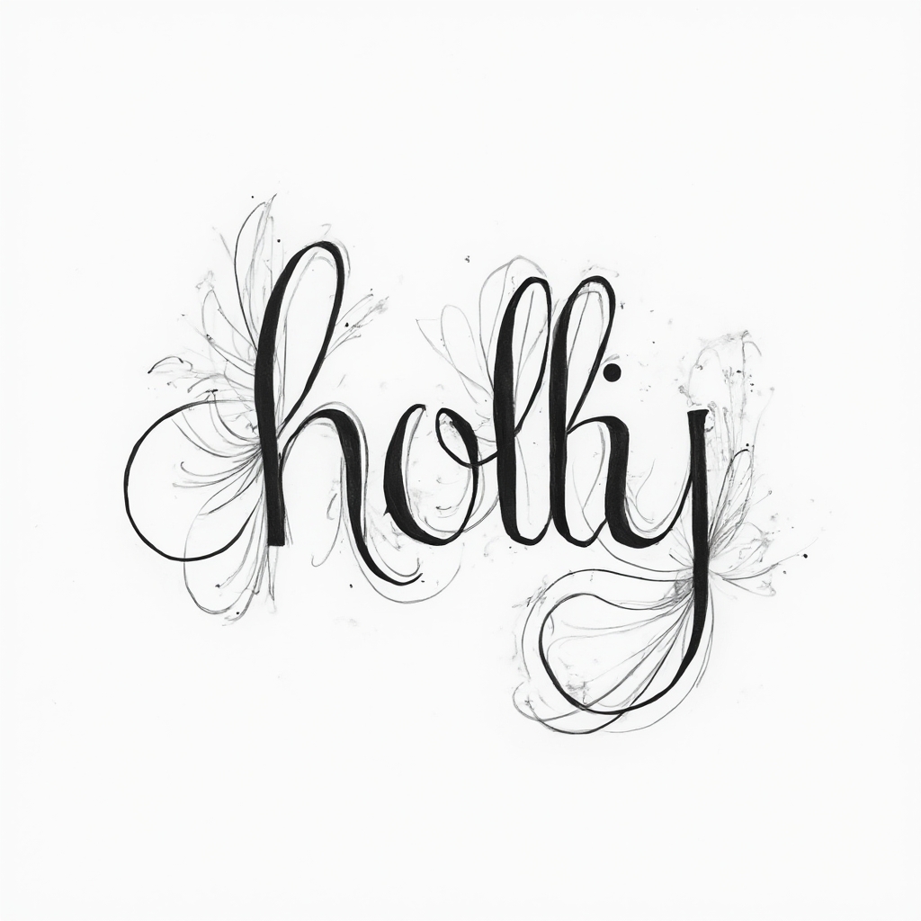 Minimal abstract linework tattoo concept of the name holly drawn as a single flowing path on a white background.