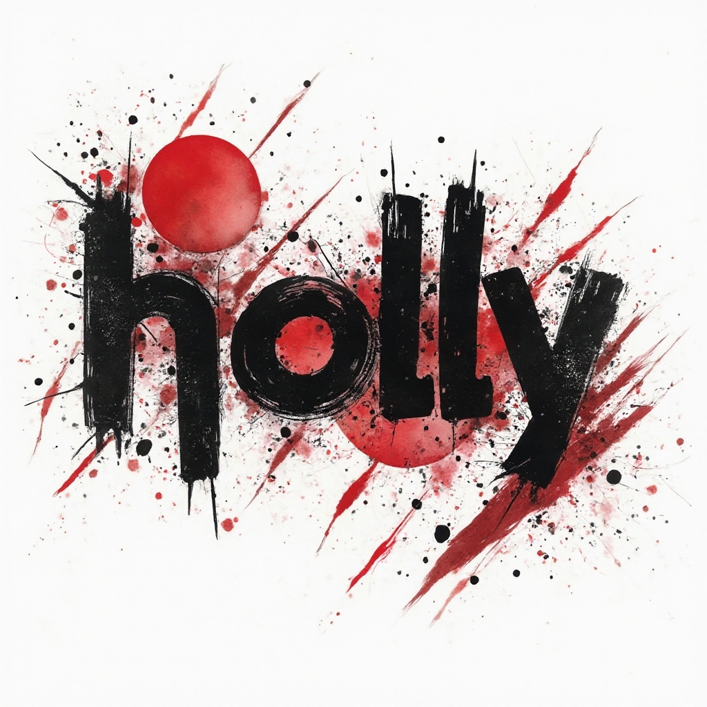 Trash Polka-style tattoo design of the name holly with bold black lettering, red splashes, and graphic elements on white.