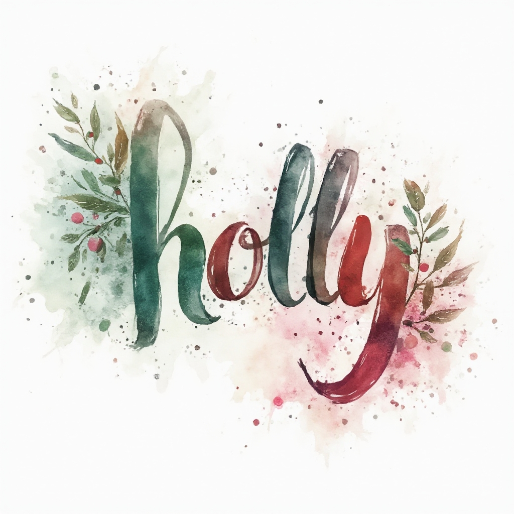 Watercolor-style tattoo concept of the name holly formed by fluid, colorful brushstroke lettering on a white background.