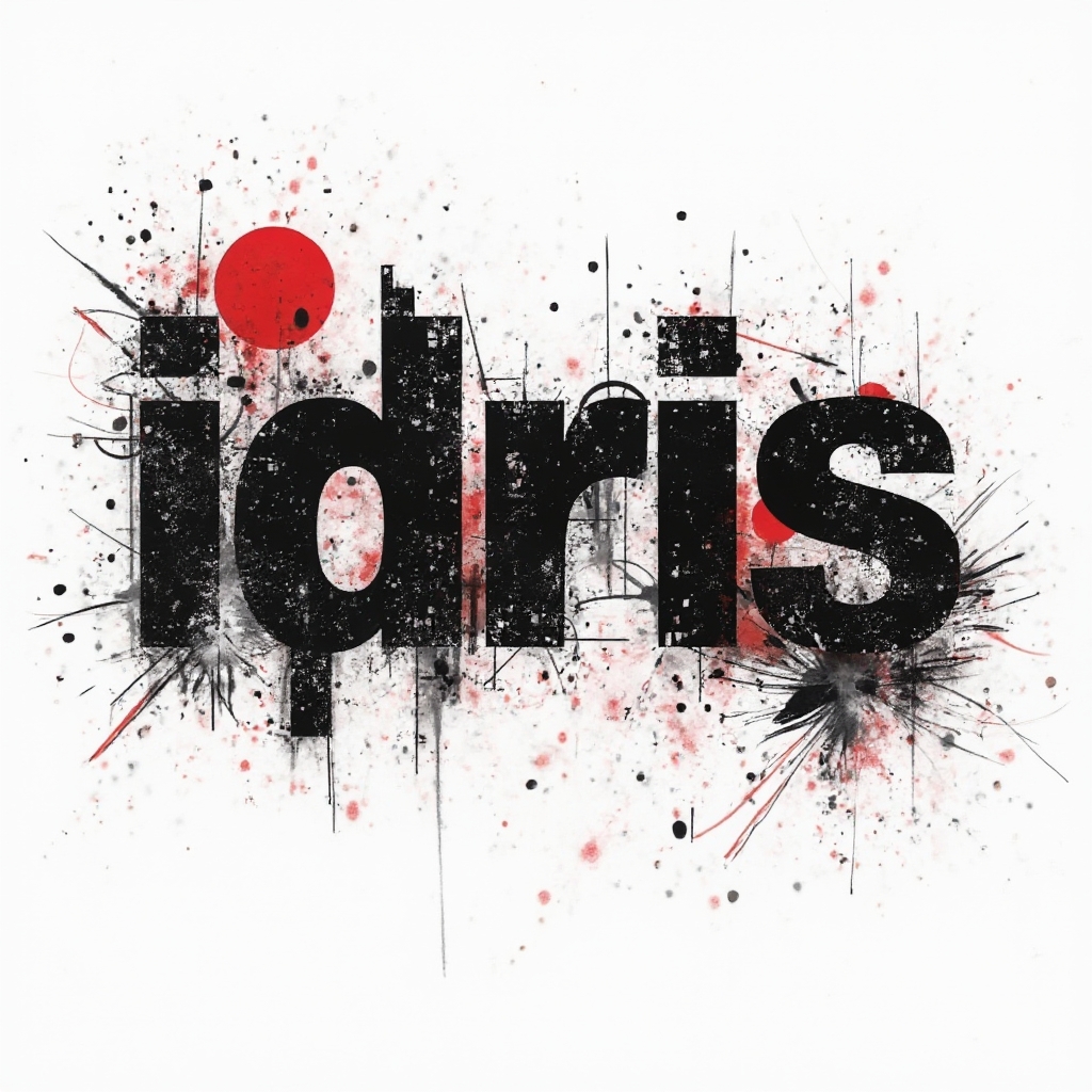 Trash Polka tattoo design where the name idris is built from bold black and red grunge shapes on white