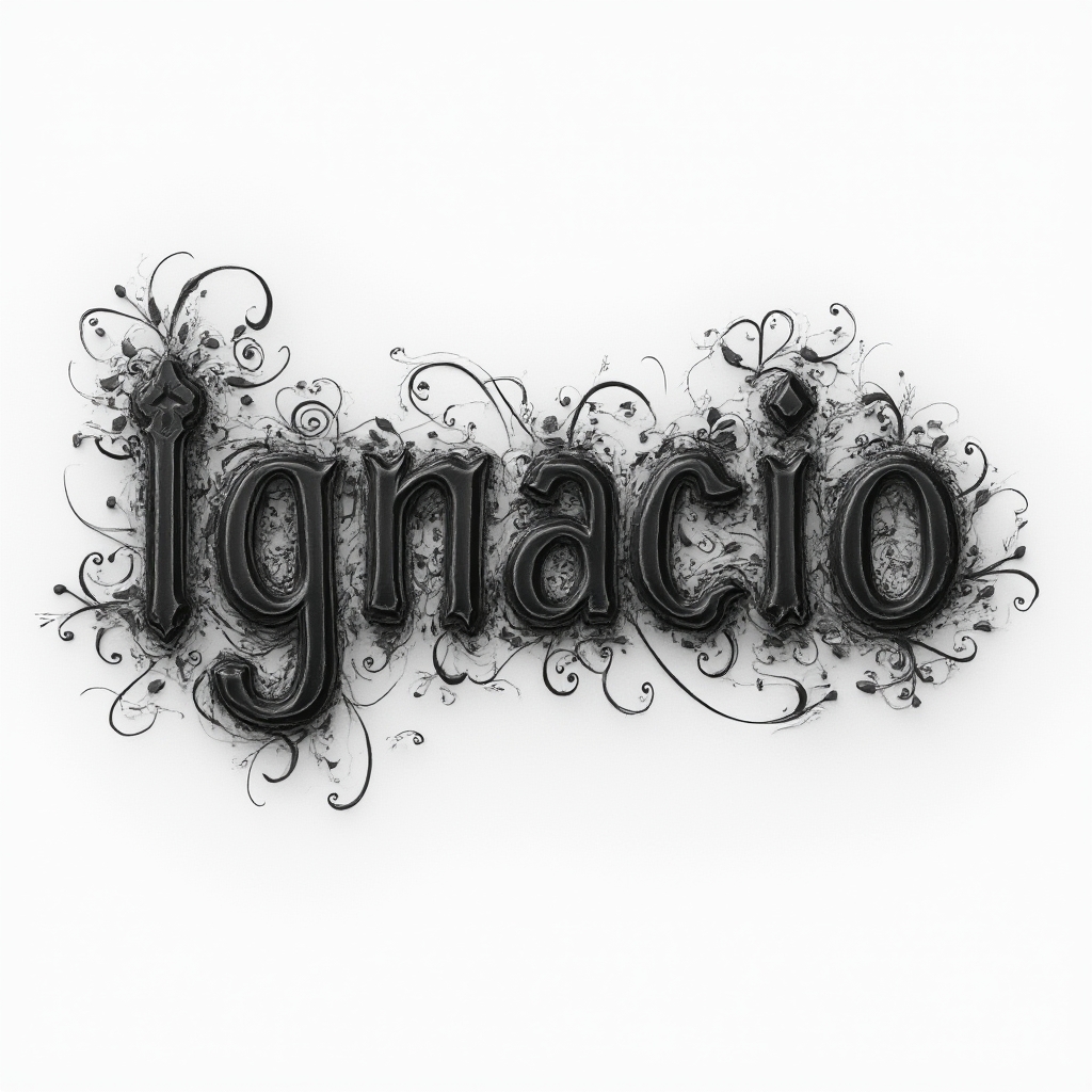Ornamental textured black and gray tattoo design where the name ignacio is formed from shadows, hatching, and filigree on a white background.