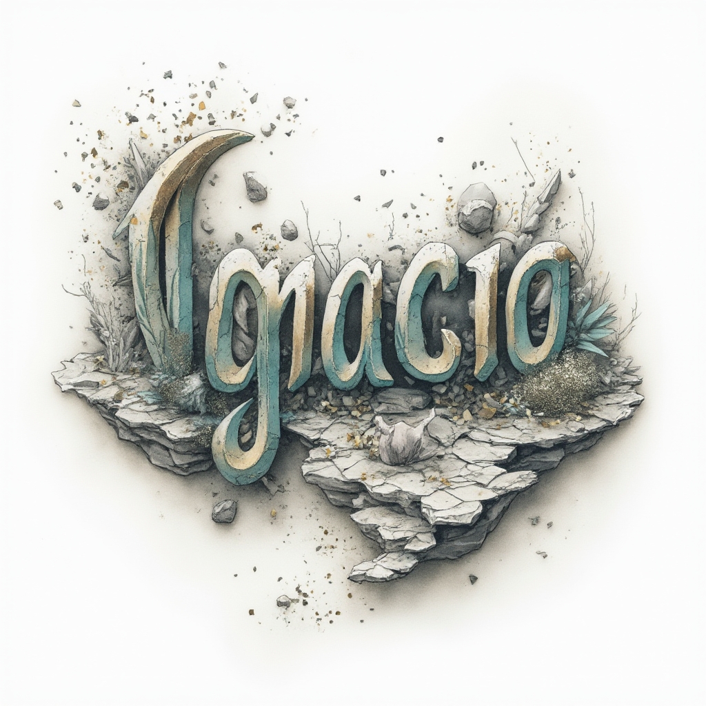 Surreal dreamscape tattoo design forming the name ignacio from impossible shapes and objects on a white background.
