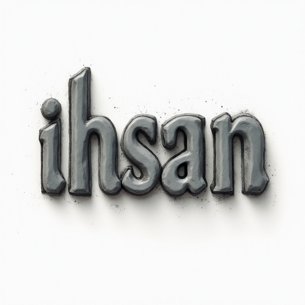Dimensional sculpted lettering tattoo concept where the name ihsan appears carved from soft shaded ink on white.