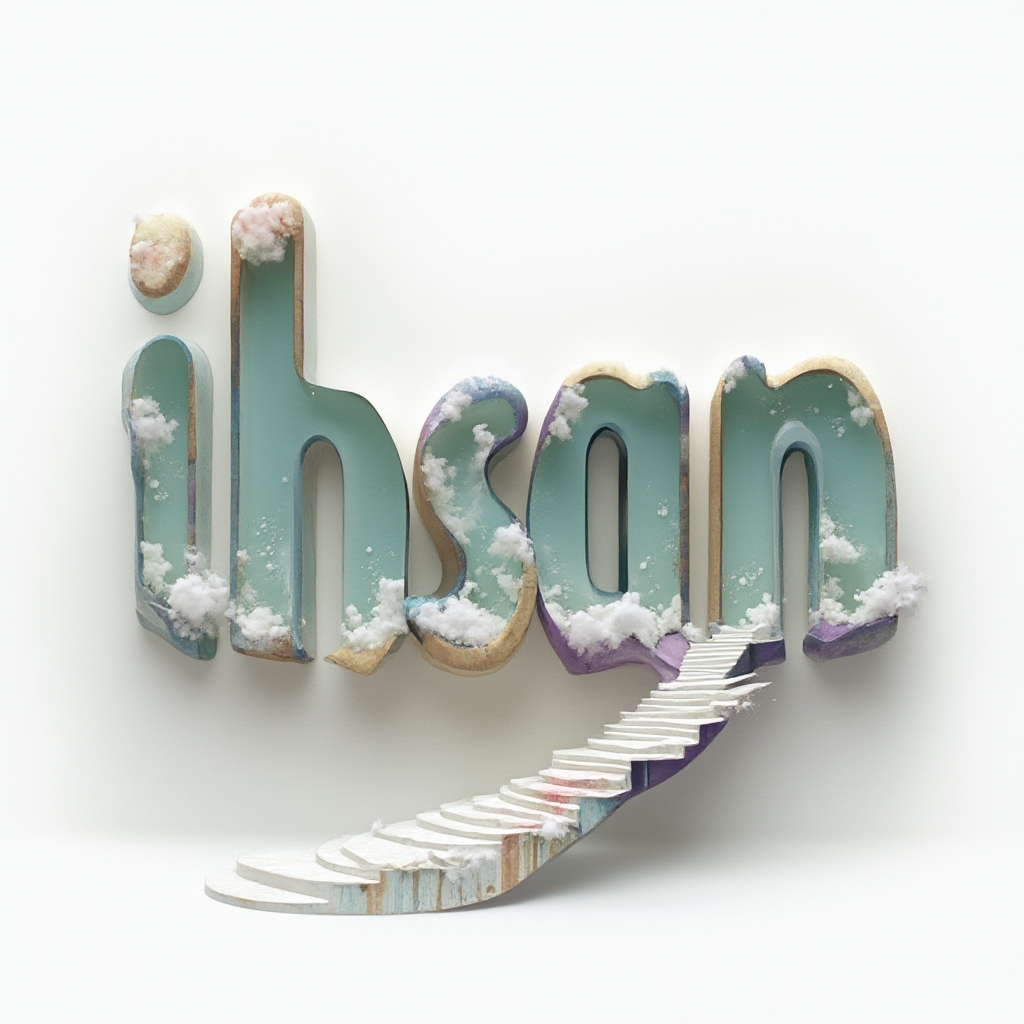 Surreal dreamscape tattoo concept where the name ihsan becomes impossible architecture on a white background.