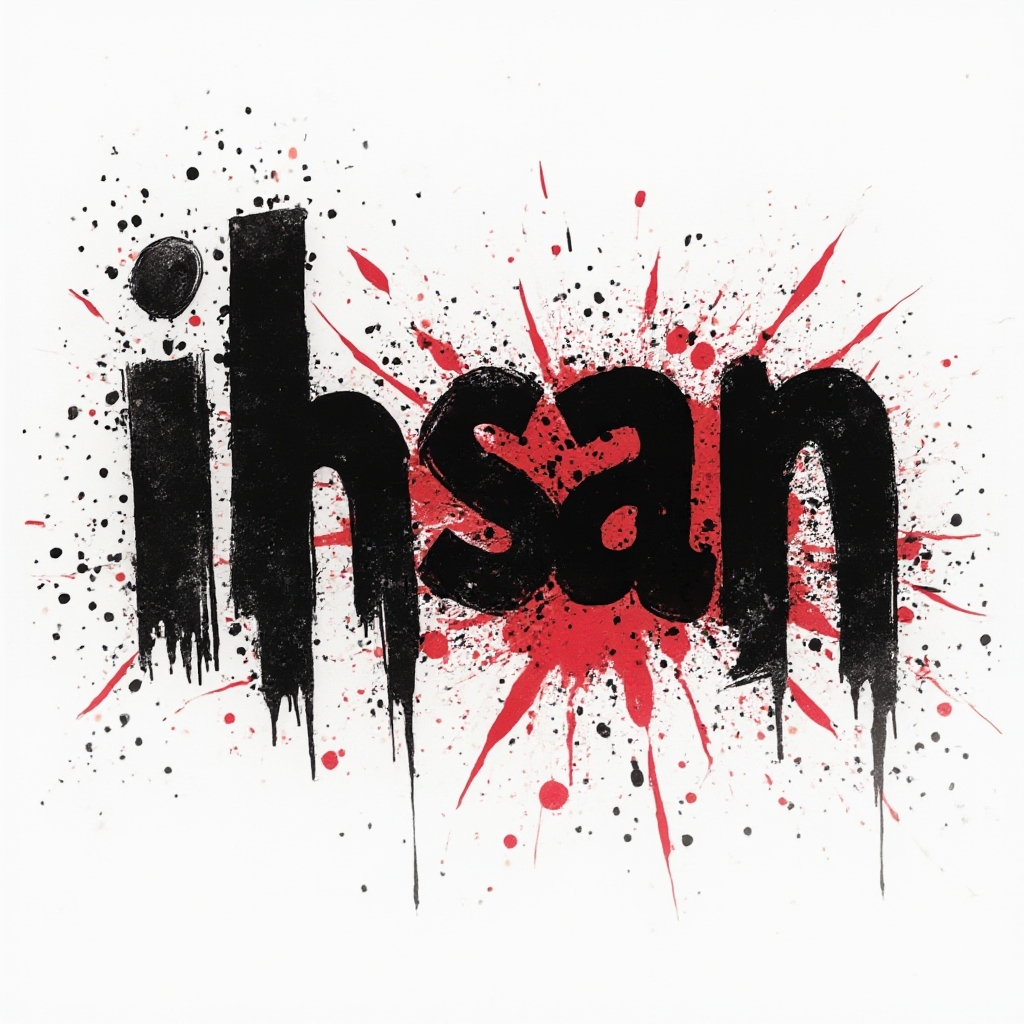 Trash Polka style tattoo concept with the name ihsan in bold black and red abstract textures on white.