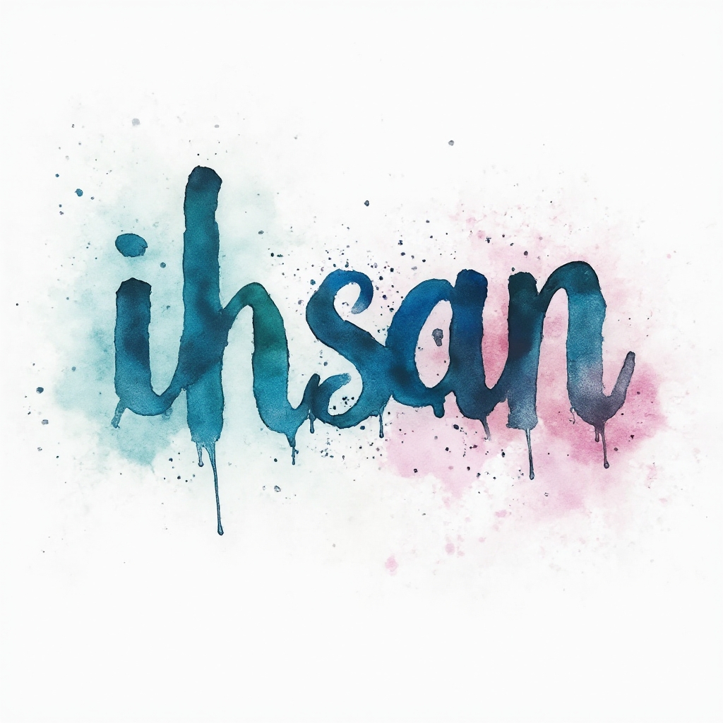 Watercolor calligraphy tattoo concept where the name ihsan is formed from colorful ink splashes on a white background.