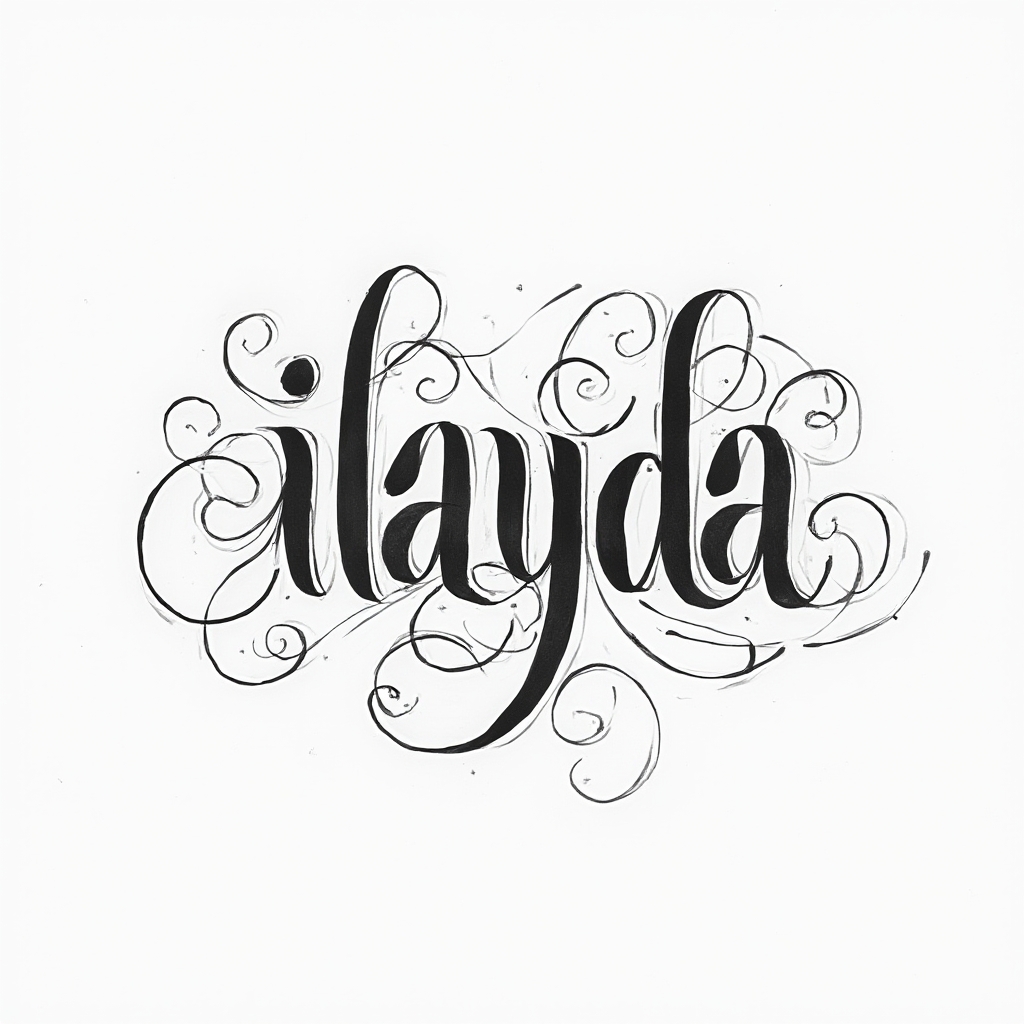 Minimal, flowing line-based tattoo concept of the name ilayda with elegant continuous strokes on white background