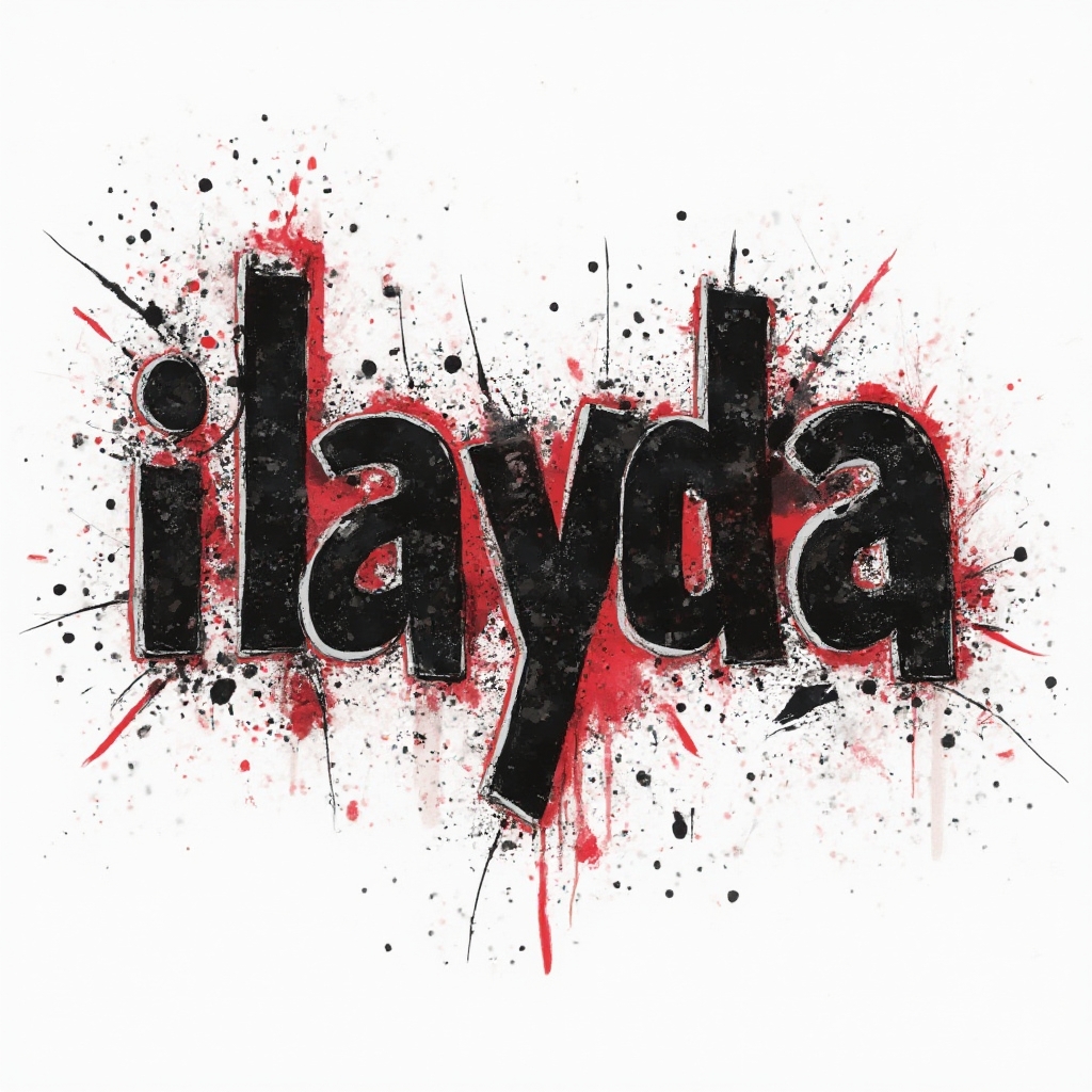 Trash Polka style tattoo concept of the name ilayda with bold black and red grunge lettering on white background