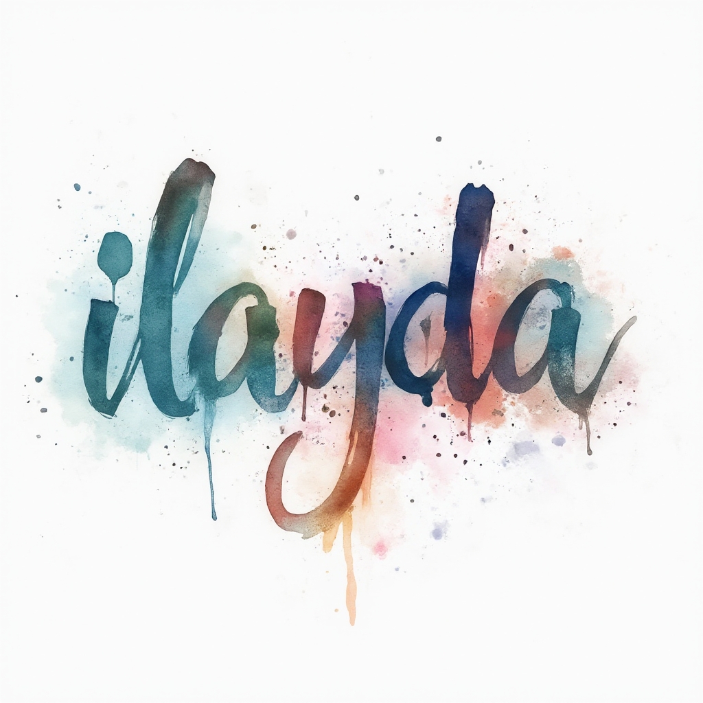 Watercolor-style tattoo concept of the name ilayda in flowing multicolor brushstroke lettering on white background
