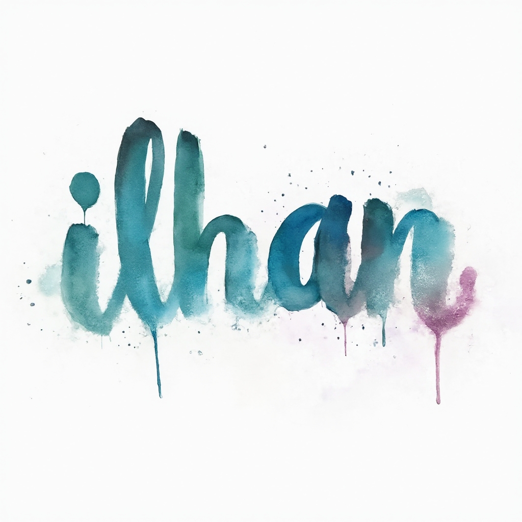Watercolor-style artistic lettering forming the name ilhan with colorful paint splashes on a white background