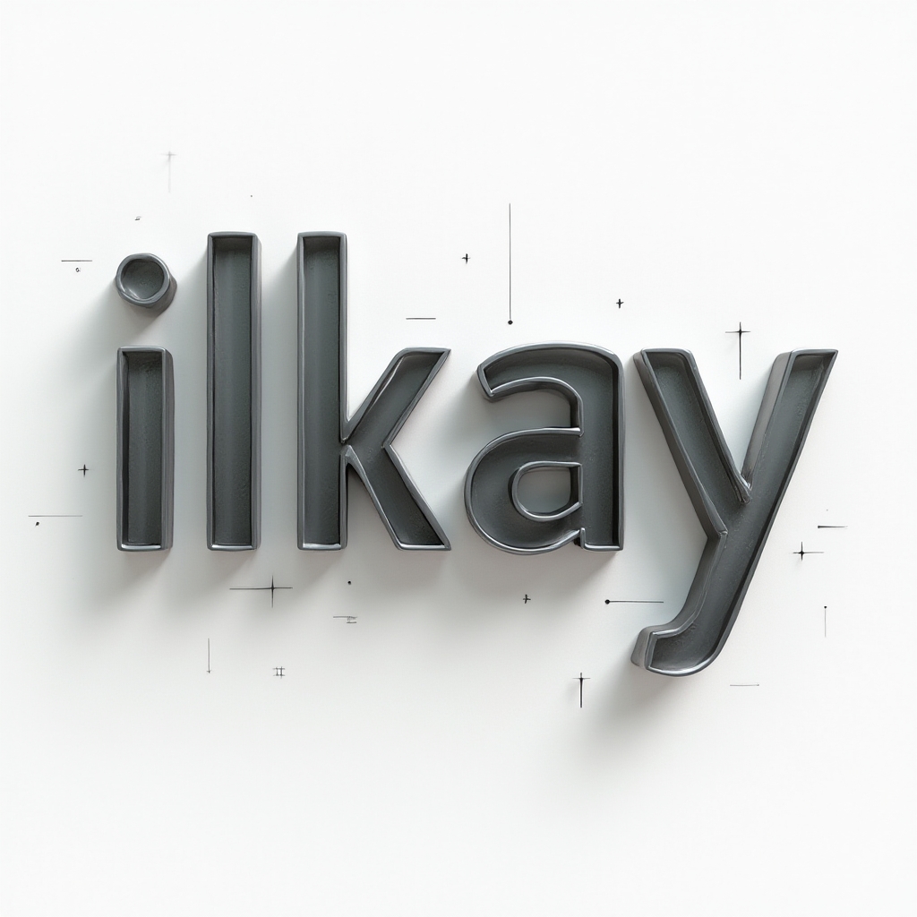 Dimensional metallic 3D lettering tattoo concept of the name ilkay on a white background.