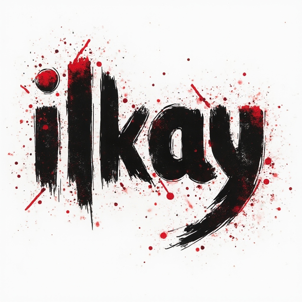 Trash Polka tattoo concept of the name ilkay in bold black and red distressed lettering on a white background.