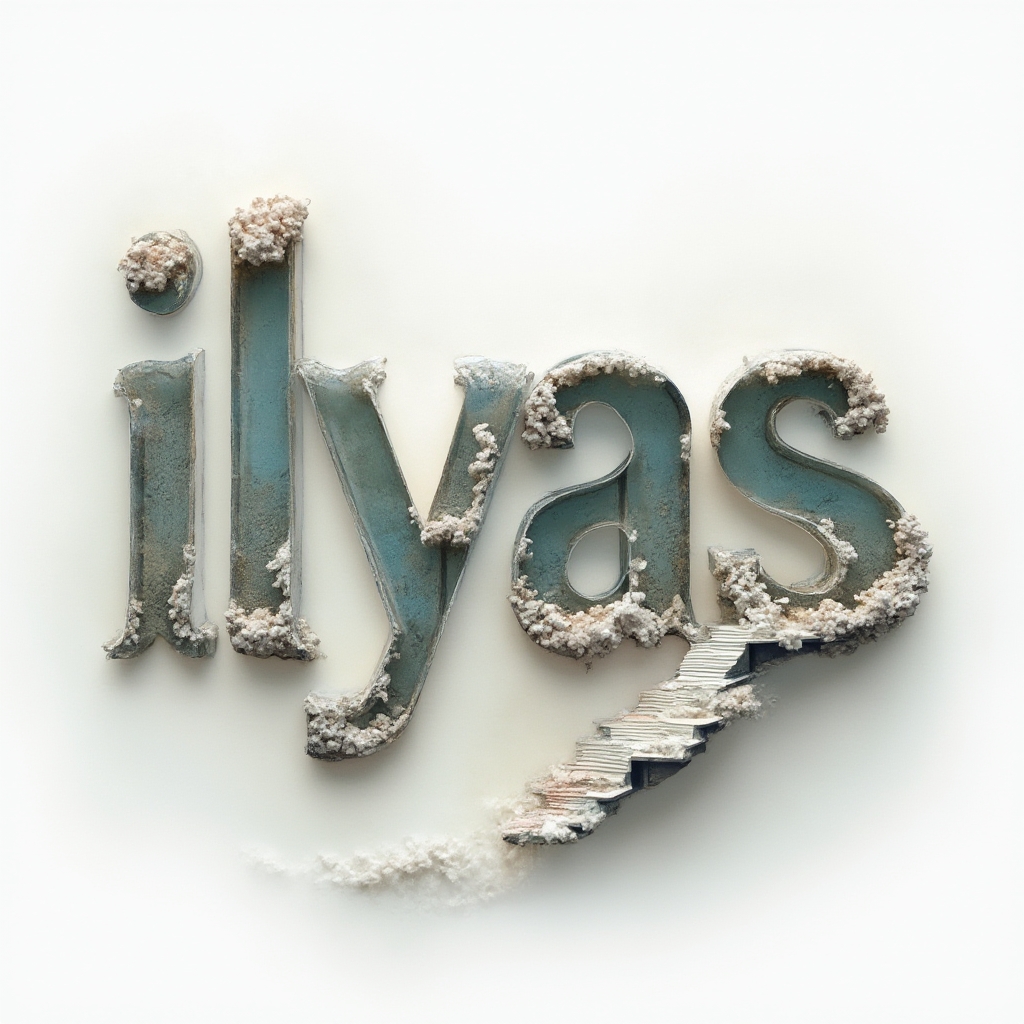Surreal dreamscape tattoo concept forming the name ilyas with impossible architecture on a white background.