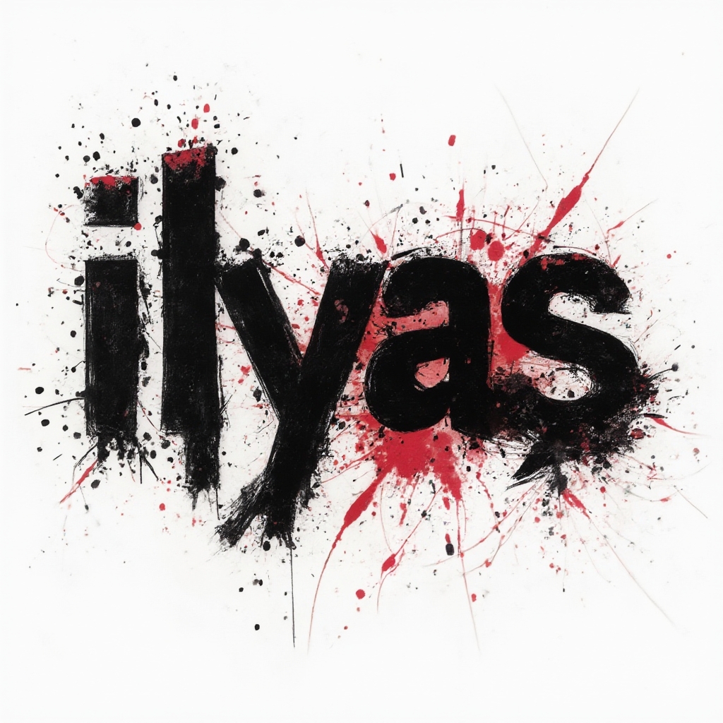 Trash Polka style tattoo concept of the name ilyas with bold black and red contrasts on a white background.