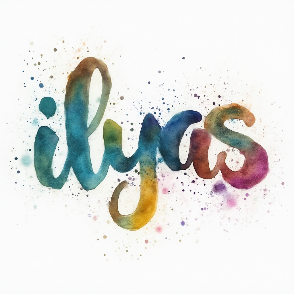 Watercolor ink splash tattoo concept of the name ilyas on a white background.