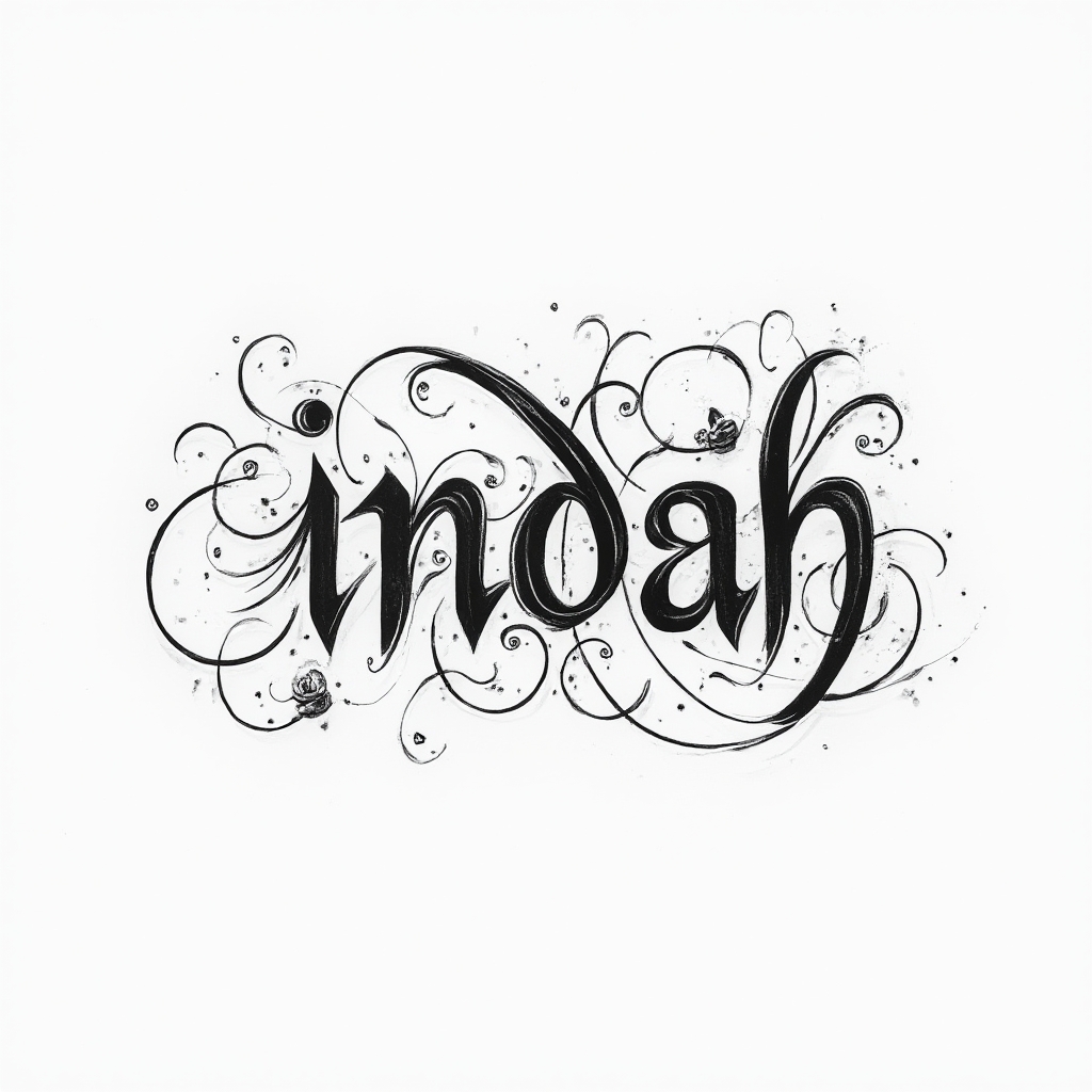 Elegant ornamental linework forming the name indah with flowing curves and flourishes on white
