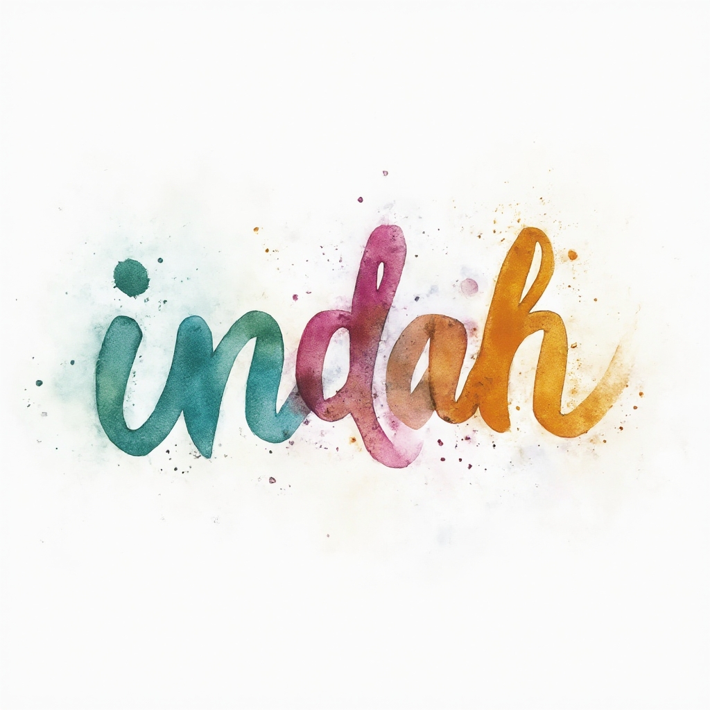 Watercolor-style abstract lettering forming the name indah with bright flowing brushstrokes on a white background