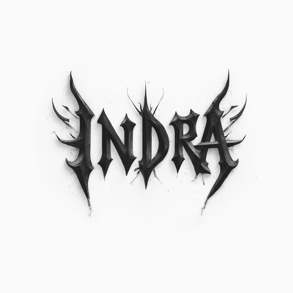 Dimensional monochrome glyph-style tattoo design of the name indra on a white background.