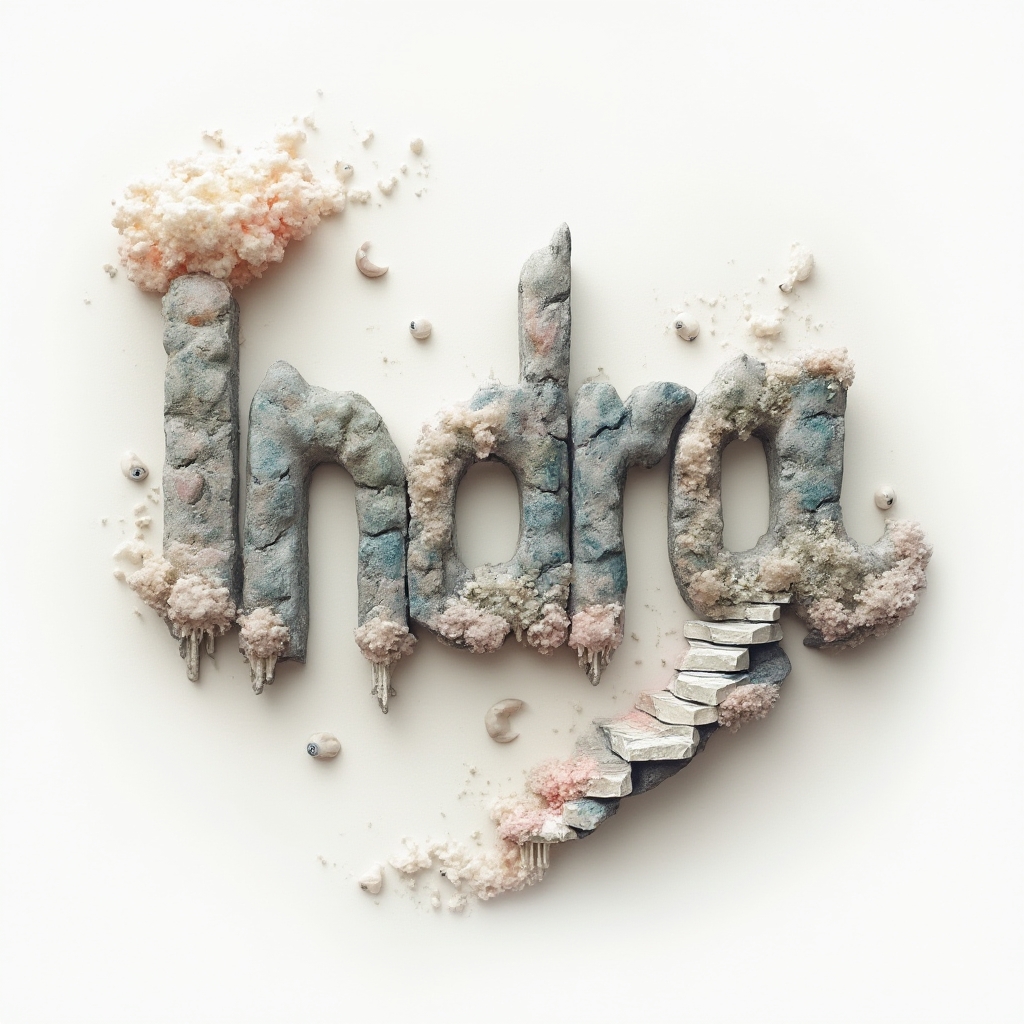 Surreal tattoo design where the name indra is built from dreamlike, impossible forms on a white background.