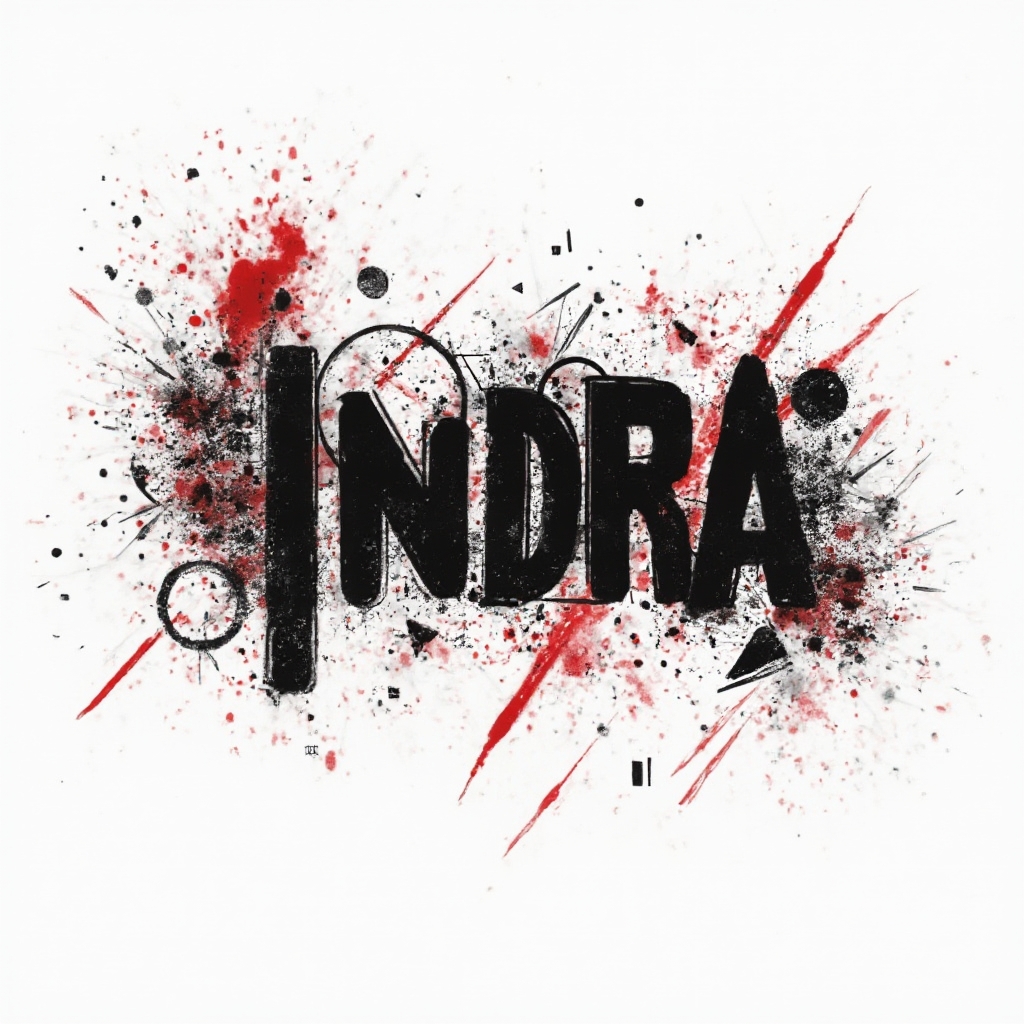 Trash Polka style tattoo design of the name indra with bold black and red graphic lettering on a white background.