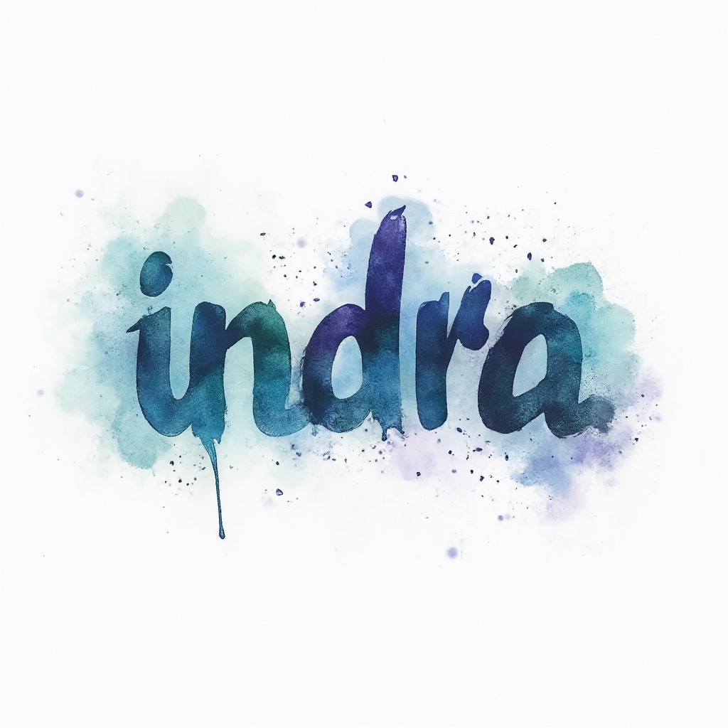 Watercolor tattoo design of the name indra in flowing ink splash lettering on a white background.