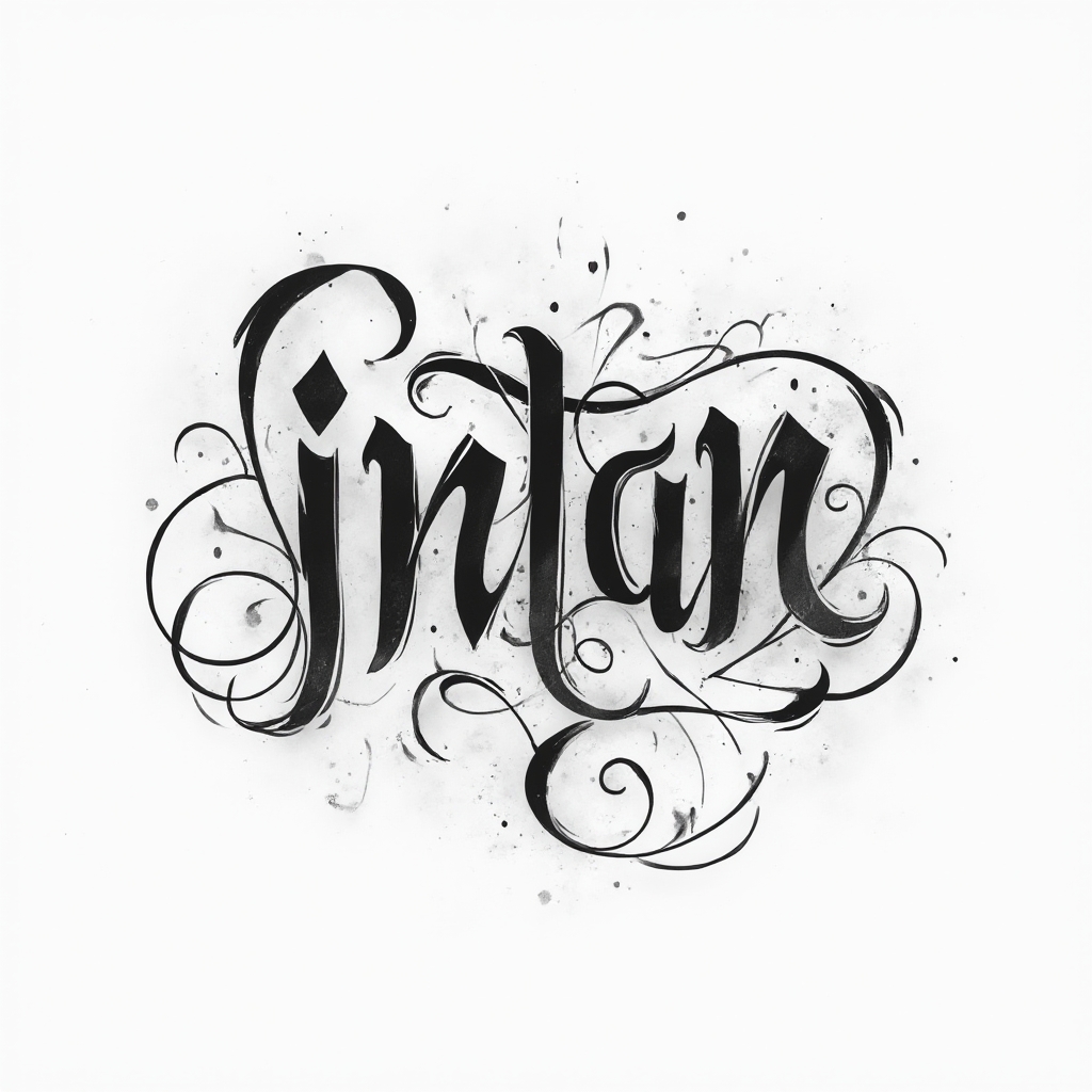 Elegant black and gray abstract monogram tattoo concept where the name intan is formed by flowing shaded lines on white.