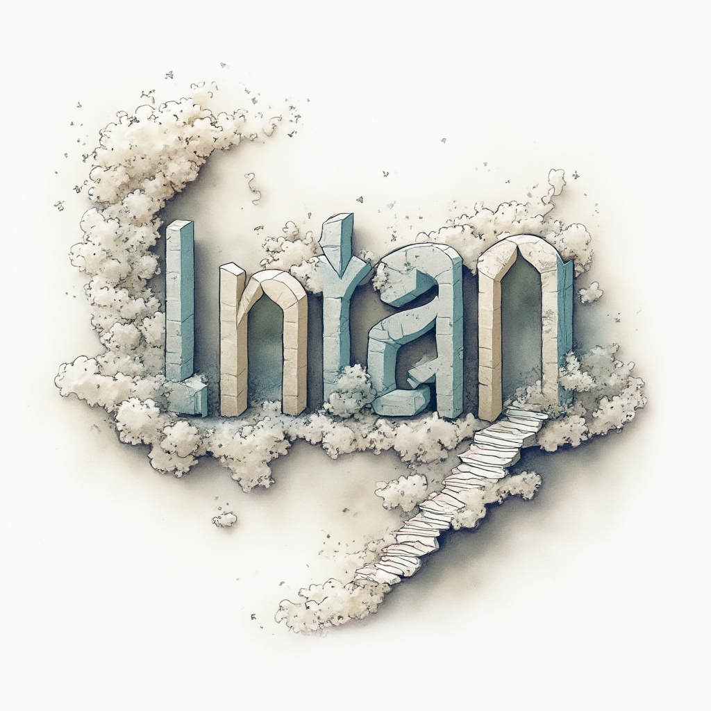 Surreal dreamscape tattoo concept where the name intan is built from impossible staircases and abstract structures on white.